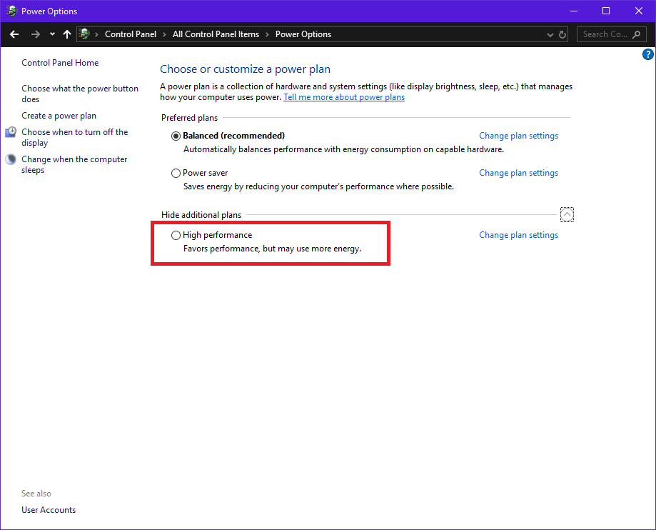 High Performance power plan